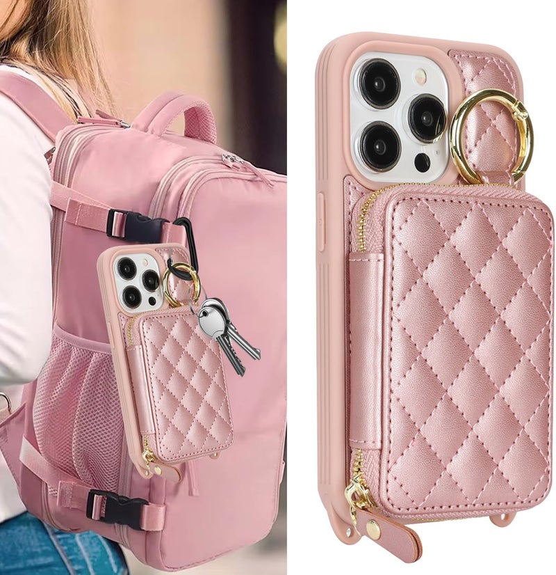 Hamany Crossbody Wallet Case for iPhone 14 Pro, PU Leather Zipper Handbag Purse Flip Cover, Kickstand Folio Case with Card Slots Holder Wrist Strap Lanyard 5G 6.1 Inch-Rose Gold - Image 3